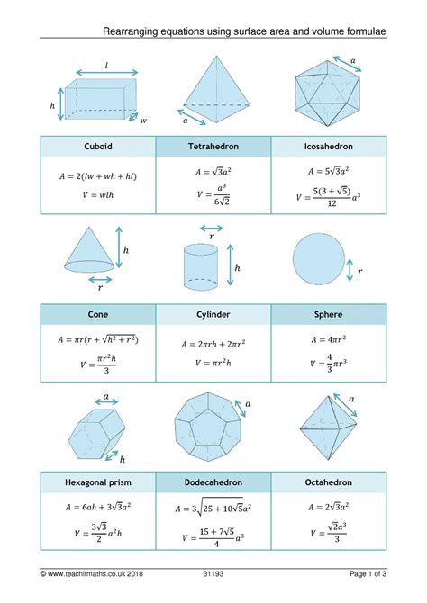 Rearranging Equations With Volume And Surface Area Of 3d Shapes