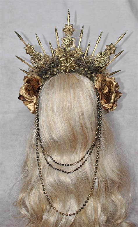 Two Sided Golden Goth Crown With Spikes And Roses Carnival Etsy Hair Jewelry Headpiece