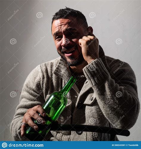 Drunk Man Drinking Wine Depressed Guy With Bottle Alcohol Sad And