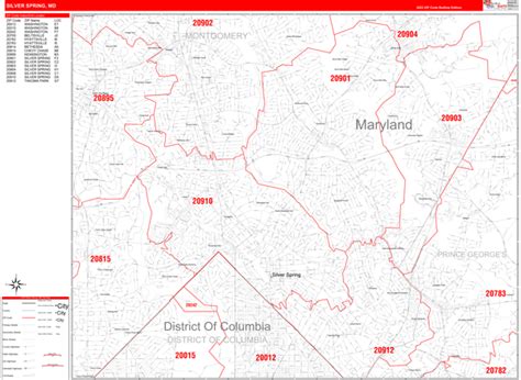 Silver Spring Maryland Zip Code Wall Map Red Line Style By Marketmaps