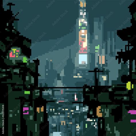 Pixel Art Of Future Sci Fi City Stock Vector Adobe Stock