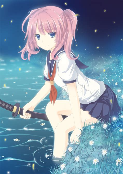Water School Uniforms Pink Hair Anime Swords Wallpaper