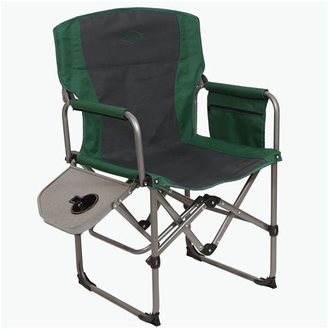 Set includes 2 folding camp chairs with side tables one side table on the right, and one side table is on the left, so you can sit close together features a padded armrests and backrest for comfort folding table includes a recessed cup holder 3.5 w x 4 d inches, holds cans and bottles folds into a small and compact size for easy transport and storage unfolds and locks into place in seconds. Kamp-Rite Outdoor Camping Folding Compact Director's Chair ...