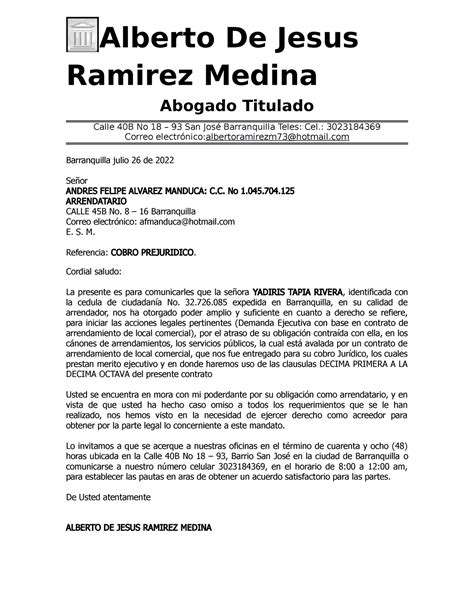 Cartas DE Cobro Prejuridico Alberto De Jesus Ramirez Medina Abogado