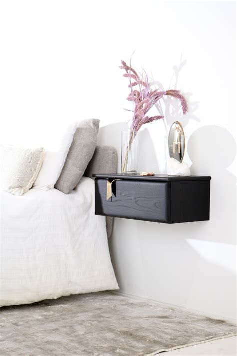 Ribbon Wall Mounted 1dr Bedside Table Black Wood Bronze Hardware By
