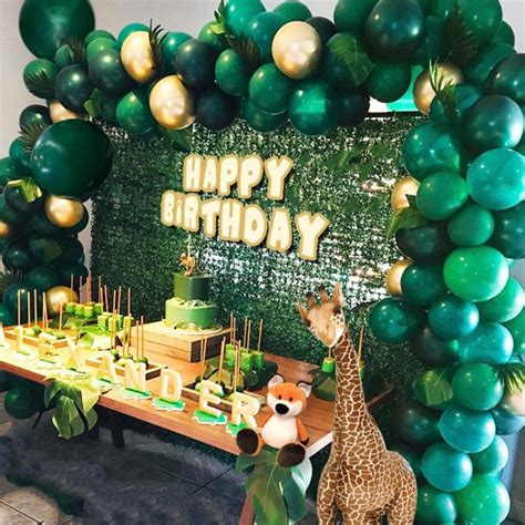 Inflate all the balloons with pump then tie knots, pass the inflated balloon through the hole in the plastic strip, the small ball can be glued to the big balloon with glue dots. Jungle Theme Party Supplies:143pcs White & Gold & Green ...