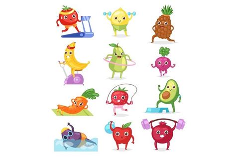 Cartoon Fruits And Vegetables Doing Different Exercises