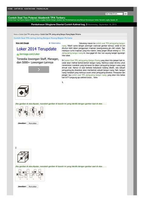Di stop dulu contoh soal tpa jaring jaring bangun ruang ini di soal ke 15 sobat biar gak terlalu berat saat soal psikotes gambar bangun ruang gak ada alasan ya buat males malesan belajar kemarin kan tes visualisasi spasial pdf free download. Contoh Soal TPA Jaring-Jaring Bangun Ruang Bagian Pertama