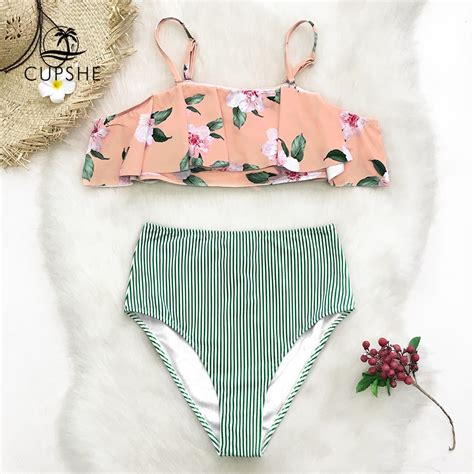 cupshe pink floral print and green striped ruffle bikini sets women high waist two pieces