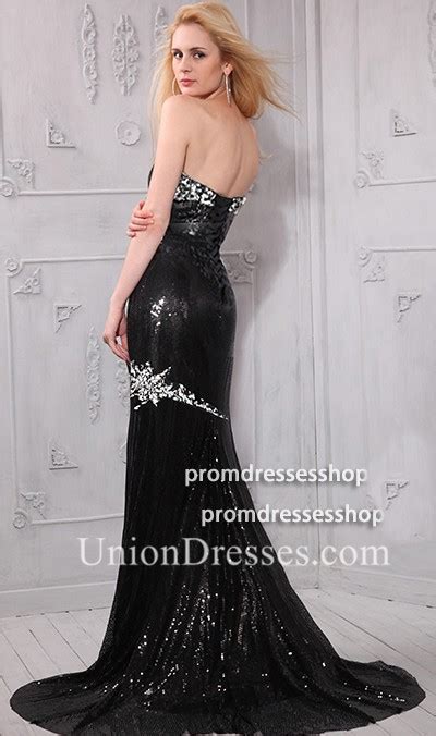 Sexy Strapless High Slit Black Sequin Beaded Evening Prom Dress