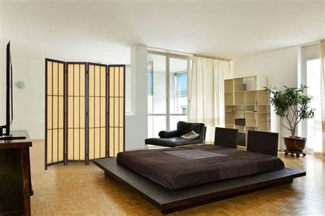 The design of any bedroom, including japanese, looks unfinished without curtains. Colorful Japanese bedroom style with big mirror ...
