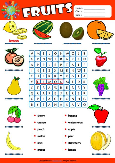 Fruits Esl Vocabulary Word Search Worksheet For Kids