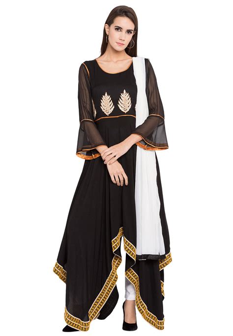 Embroidered Cotton Asymmetic Suit In Black Knf509