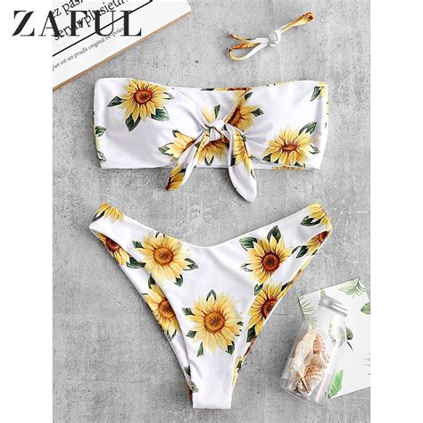 Zaful Sunflower Print Knot Bandeau Bikini Set 2019 Strapless Wire Free