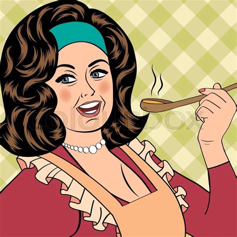 pop art retro woman with apron tasting her food vector illustration stock vector colourbox