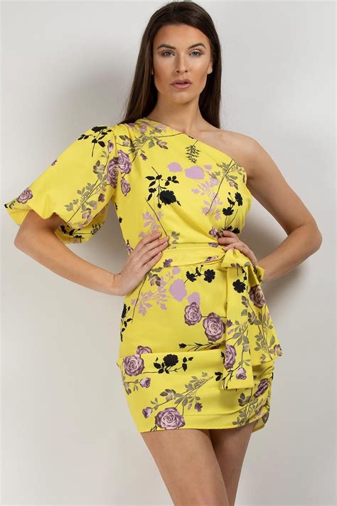 Yellow One Shoulder Puff Sleeve Floral Mini Dress Uk