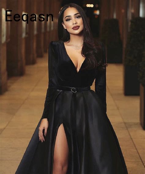 New Long Sleeves Floor Length Black Evening Dresses Long 2019 Elegant V