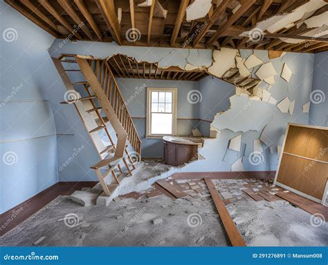 Abandoned Empty Room Interior With Large Windows And Broken Ceiling