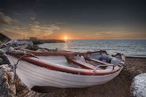 Download Wallpaper 2048x1365 Sea Beach Boat Sunset Hd Background