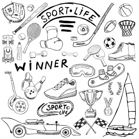 Sport Life Sketch Doodles Elements Hand Drawn Set With Baseball Bat