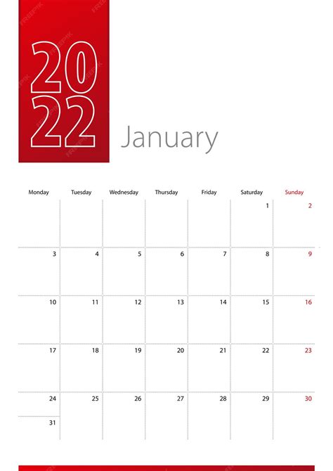 Premium Vector January 2022 Calendar Design Week Starts On Monday