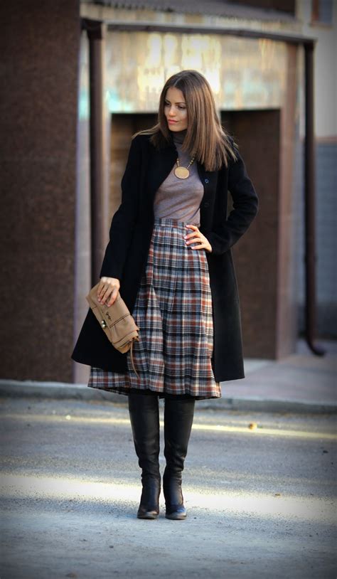 Womens Black Coat Grey Turtleneck Grey Plaid Midi Skirt Black