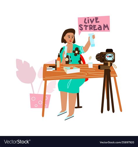 Live Streaming Cartoon Woman Recording Video Vector Image