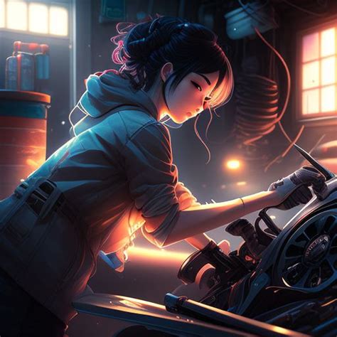 Splendid Ape216 Anime Girl Repairing Car In Garage