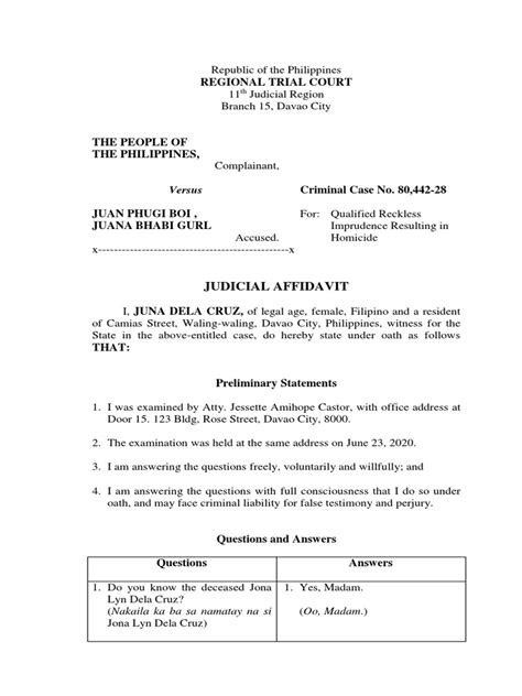 Judicial Affidavit Criminal Case Pdf Affidavit Perjury