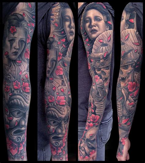 Mike Devries Tattoos Black And Gray Geishas Samurai And Mask Sleeve