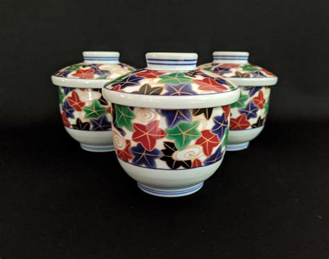 Japanese Chawanmushi Lidded Custard Cups Set Of 4 Rice Bowls Etsy