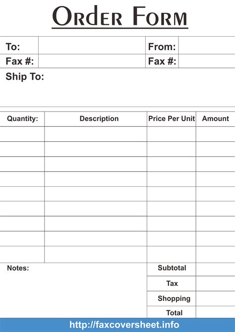 Order Form Free Fax Cover Sheet Template