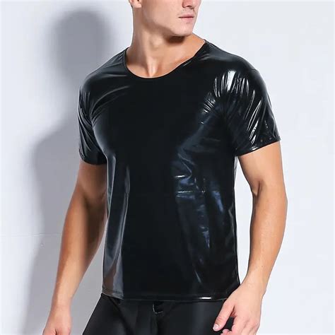 Mens Wet Look T Shirt Sexy Slim Tight Tops Faux Pu Leather T Shirt Male