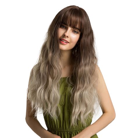 Long Wavy Ombre Dark Brown To Light Blonde Wigs With Bangs
