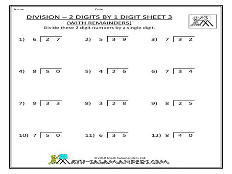 Dividing 2 Digit By 1 Digit Numbers Worksheet With Remainders