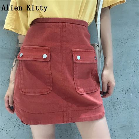 Alien Kitty 2018 Summer Womens Slim Denim Skirts High Waist Jeans Skirt Pockets Back Zipper