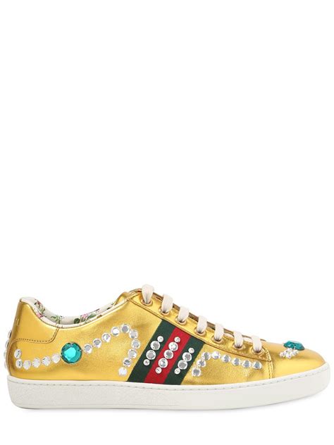 Gucci New Ace Jeweled Metallic Leather Sneakers Lyst