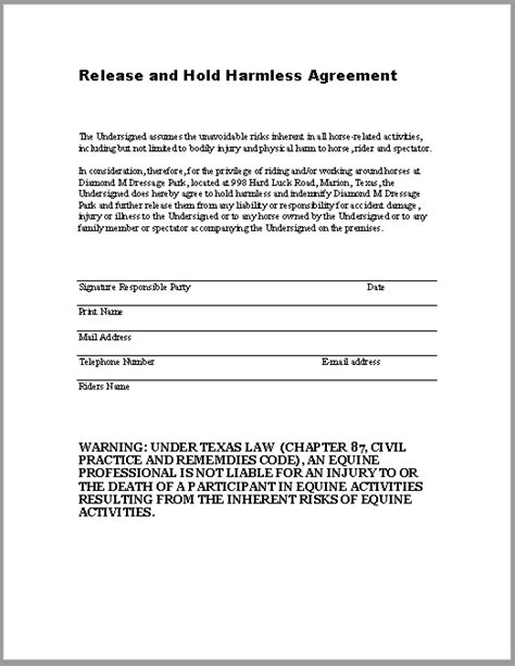 Printable Free Hold Harmless Agreement Word Doc