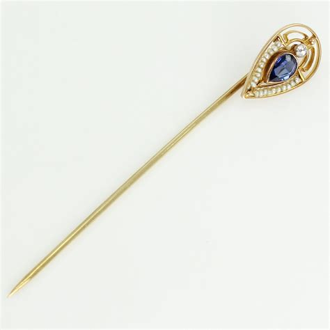 Edwardian 14k Stick Pin Created Sapphire Seed Pearls Yellow Gold Antique Cravat Pin Perfect