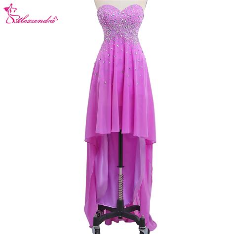 Alexzendra Beaded Bodice Purple High Low Chiffon Prom Dresses Crystals