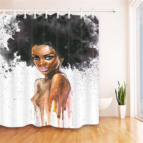 Watercolor African Sexy Afro Black Woman Bathroom Shower Curtain Waterproof Polyester And 12 Hooks
