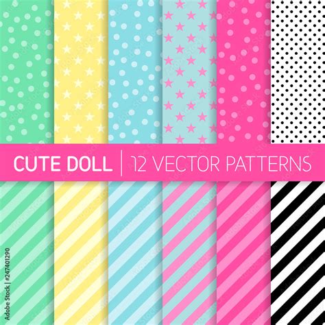 Cute Girly Lol Doll Style Vector Patterns Pastel Pink Blue Mint