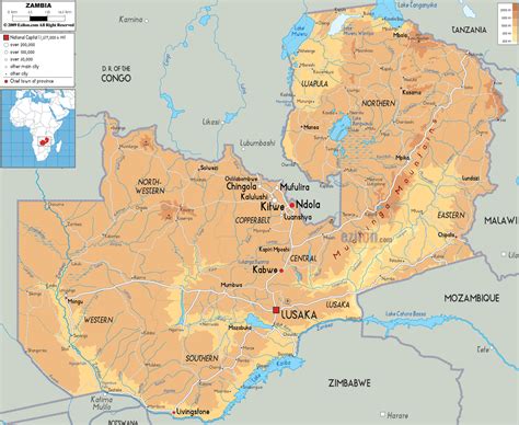Physical Map Of Zambia Ezilon Maps