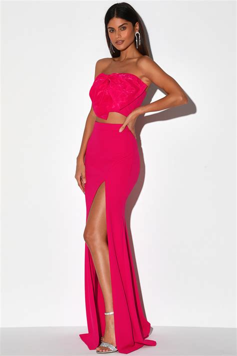 Lovely Hot Pink Dress Two Piece Dress Strapless Maxi Dress Lulus