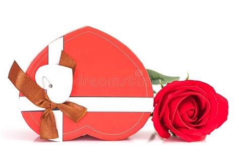 Close Up Red Rose And Heart Shaped Box On White Stock Photo Image Of