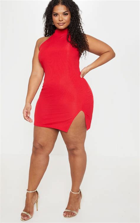 Plus Red Ribbed Bodycon Dress Plus Size Prettylittlething Usa