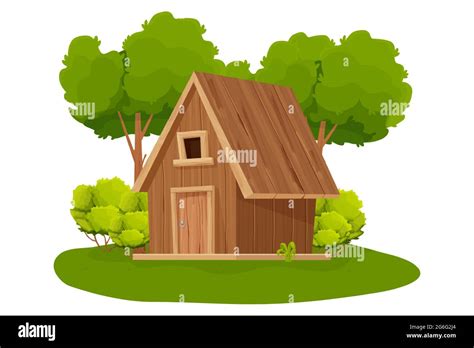 Forest Hut Wooden House Or Cottage Decorated With Trees Grass And