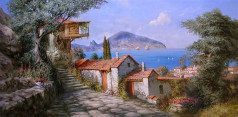 Concrete Houses Near Trees Ocean And Mountain Cliff Landscape Painting