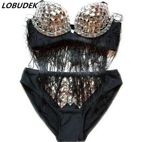 Sparkly Glass Crystals Bikini Black Tassels Bra Shorts Set Bar Dj Women Singer Stage Costume