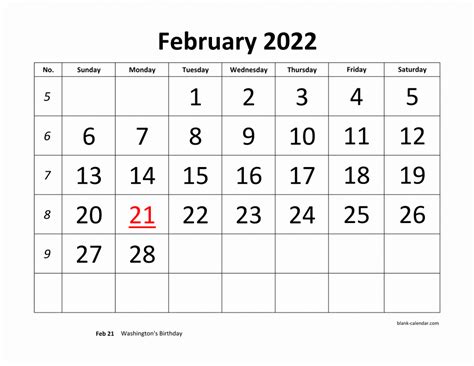 Free Download Printable February 2022 Calendar Large Font Design